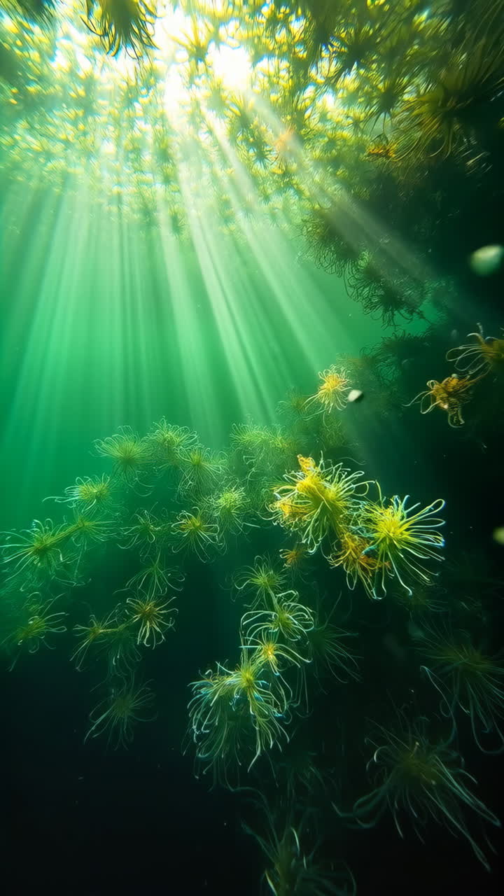 Underwater scene with sun rays illuminating marine life