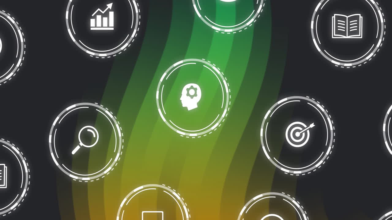 Icons representing various concepts over green and yellow wave animation