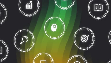 icons representing various concepts over green and yellow wave animation