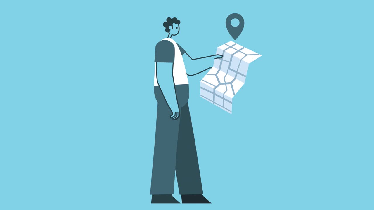 Man Walking Cycle with GPS Map. Guide or Direction Concepts. Flat Design Man Cartoon Character Isolated Loop 2d Animation