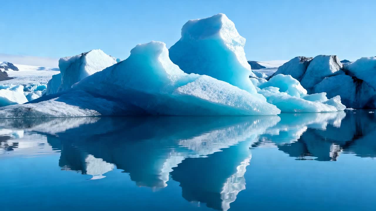 फ्योर्ड में तैरता हुआ एक विशाल नीला हिमखंड, जो लहरों और बदलते प्रकाश के साथ एक विकृत दर्पण की तरह प्रतिबिंबित हो रहा है, हिमखंडों के बीच।