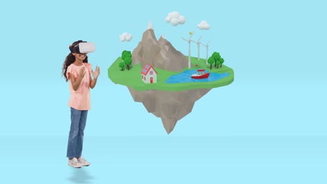 chica usando auriculares de realidad virtual con iconos de viaje generados digitalmente 4k