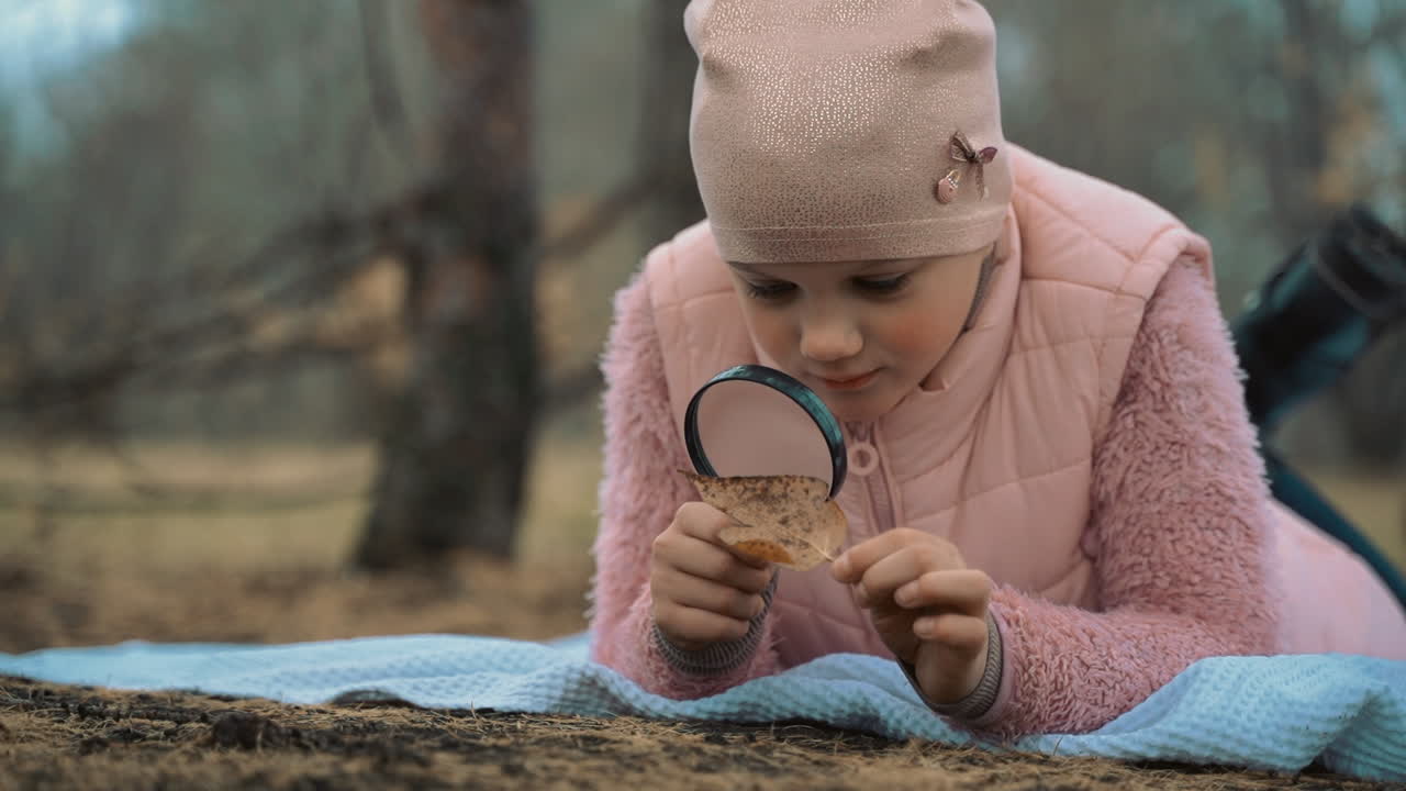 una niña mirando a través de una lupa en la naturaleza. primer plano.
