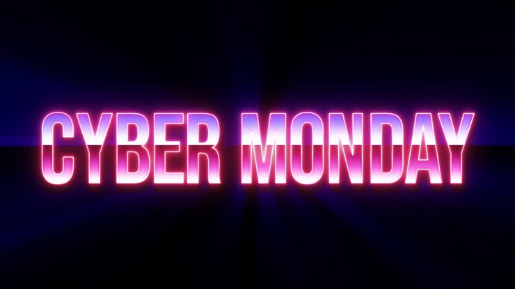 A laser sculpting the words Cyber Monday with a neon lighting, filled with two chrome gradients, with rays moving on the background