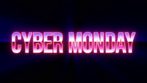A laser sculpting the words Cyber Monday with a neon lighting, filled with two chrome gradients, with rays moving on the background