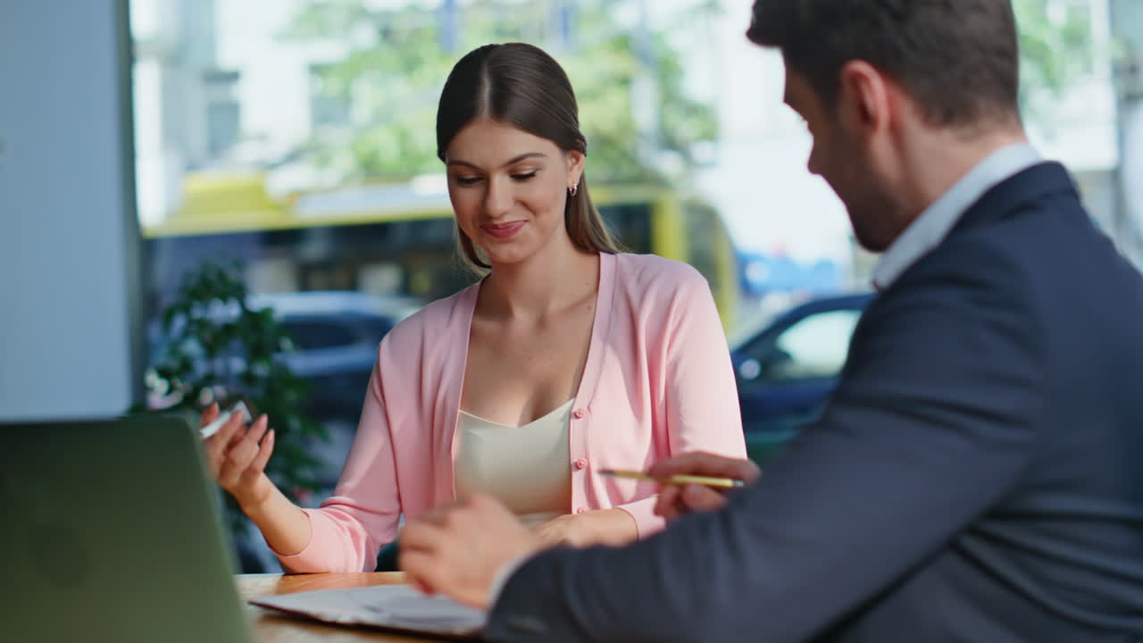 Woman talking lawyer consultation at legal agency office closeup. Man advising