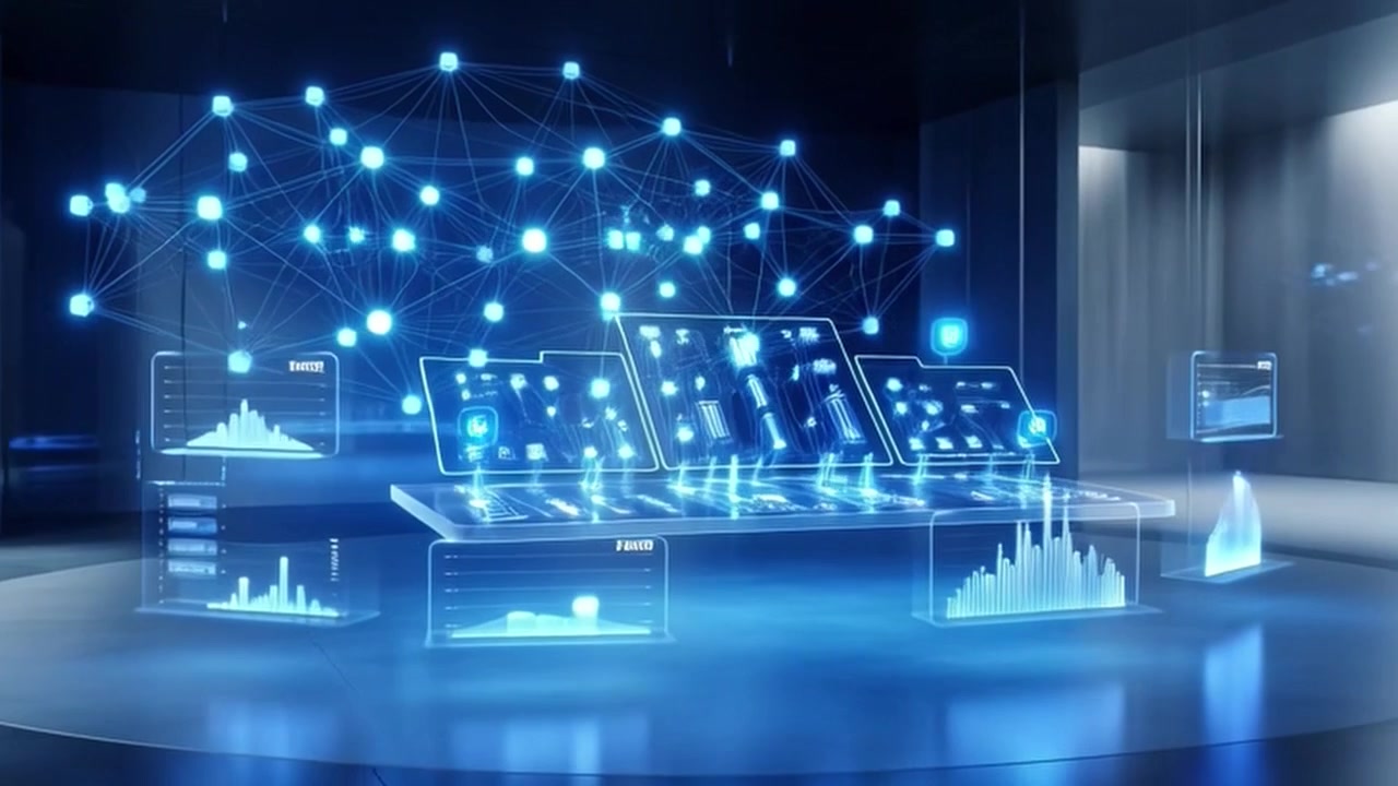 Futuristic Digital Data Visualization Interface in Modern Dark Room