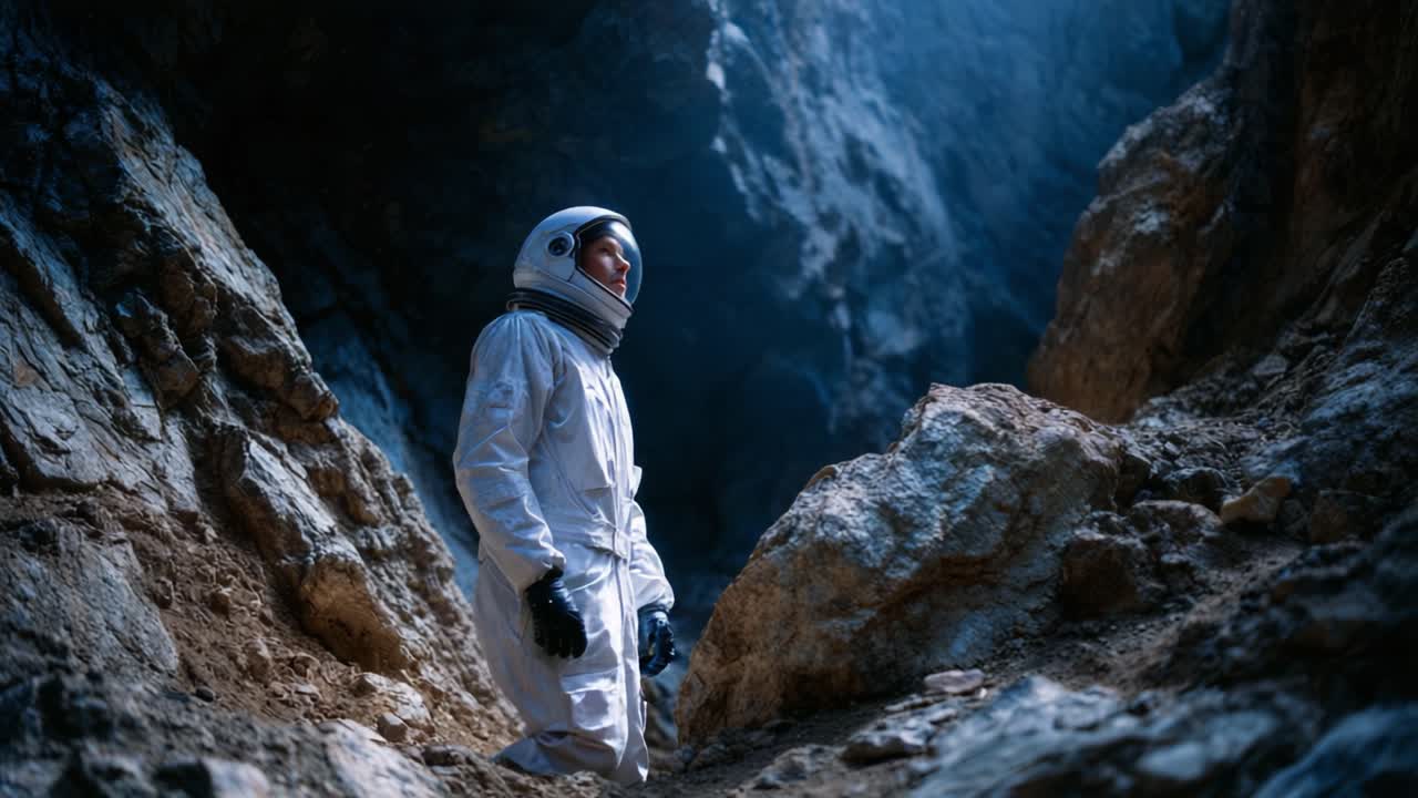 An astronaut explores an alien cave, illuminated by a distant light, with rocky formations creating an otherworldly atmosphere and showcasing the beauty of space exploration
