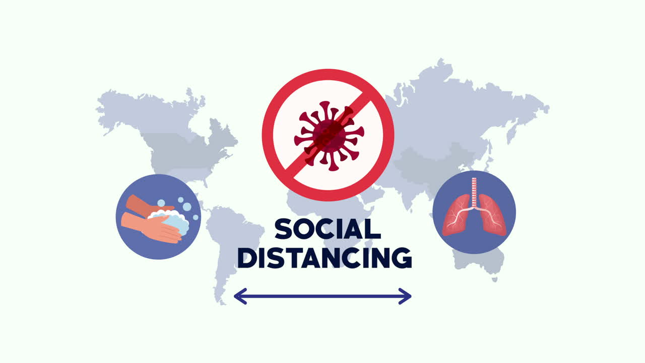 지구 행성과 코로나19 아이콘과 함께 사회적 거리 두기 캠페인
