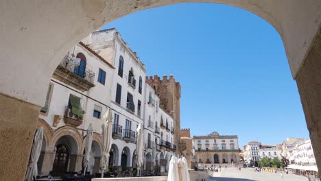 Caceres-Plaza-Mayor-Square,-large-square-in-Spain,-establishing-shot,-sunny