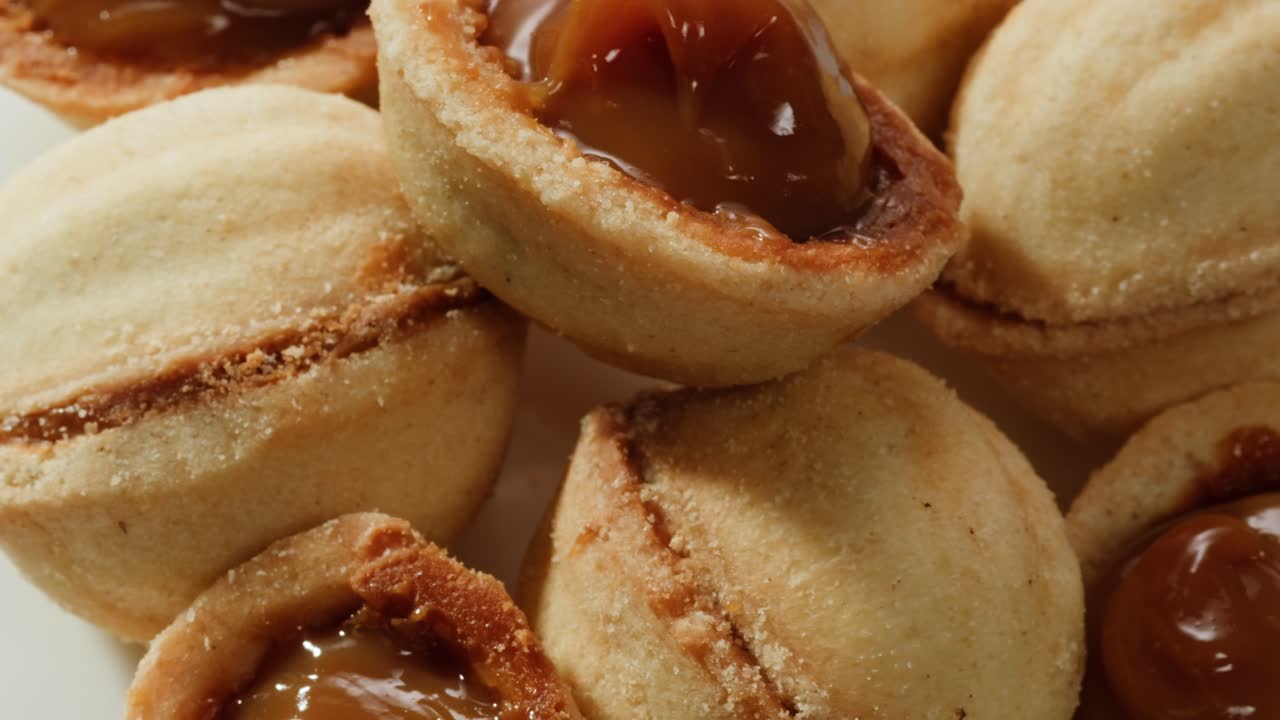 집에서 만든 견과류 모양의 쿠키와 여진 응축 우유가 회색 테이블에 평평하게 놓여 있습니다. 고품질의 4k 영상