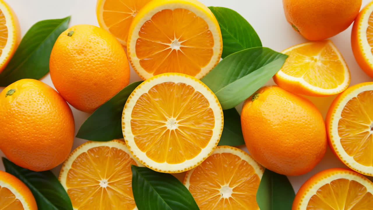 Primo piano di arance fresche con foglie verdi, composizione illuminata dal sole di frutti interi e a metà, polpa succosa e buccia lucida