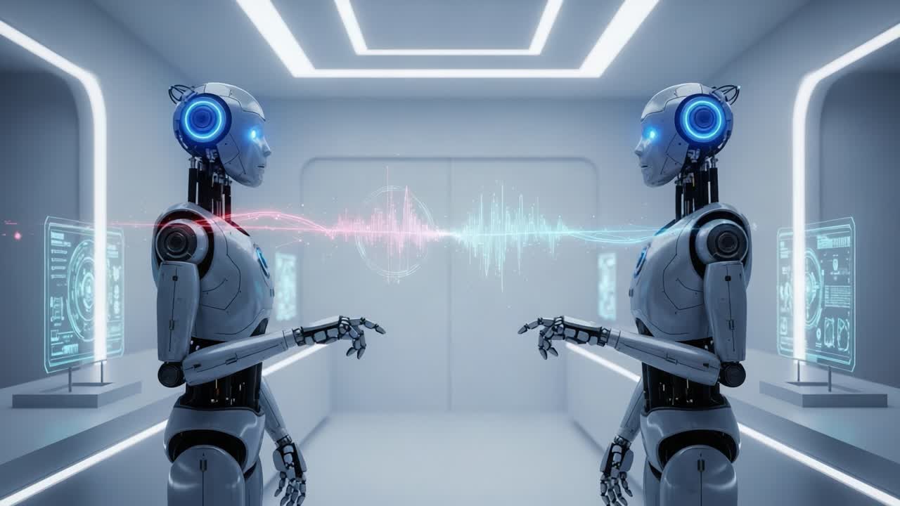 Two advanced humanoid robots engaged in a synchronized conversation, showcasing cutting-edge AI technology and visual sound representation within a futuristic environment.