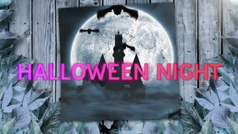 animación del texto de la noche de halloween sobre murciélagos volando, hojas y castillo