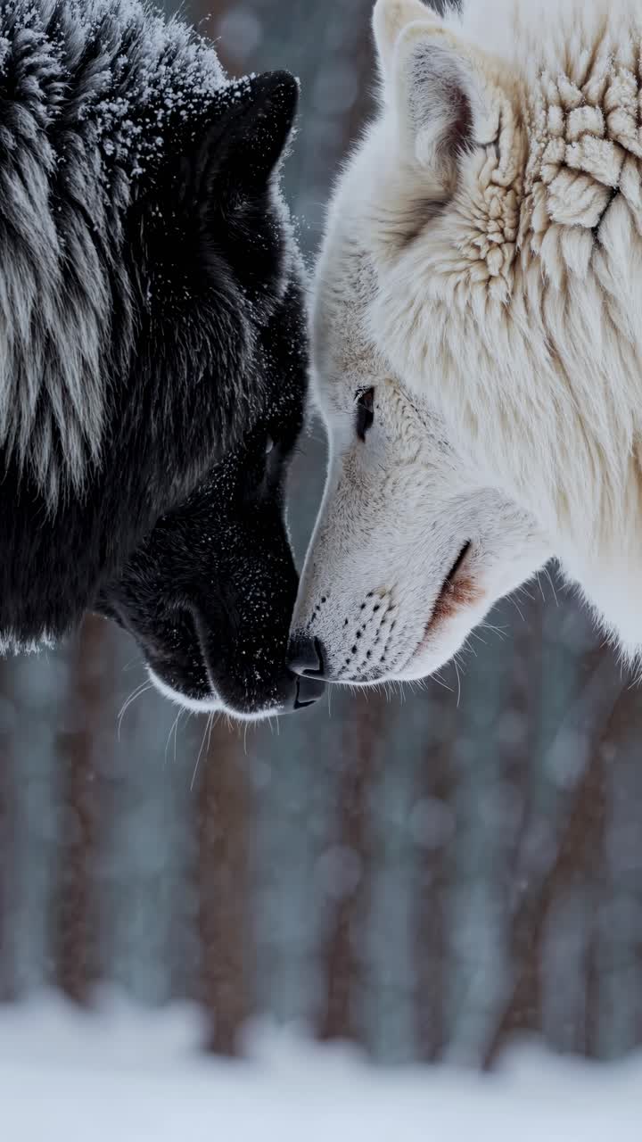 Close-up video still of a black and white wolf facing each other in a snowy forest