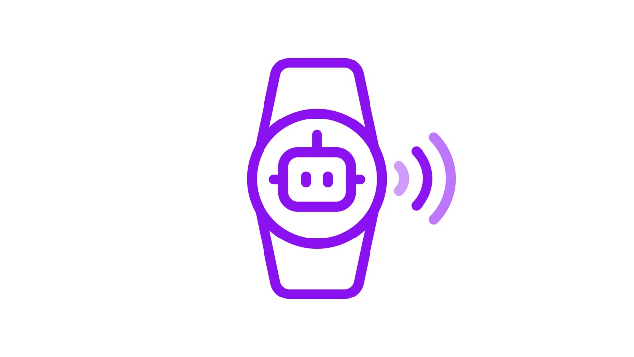 Icona animata di smartwatch con volto di robot e segnale di comunicazione
