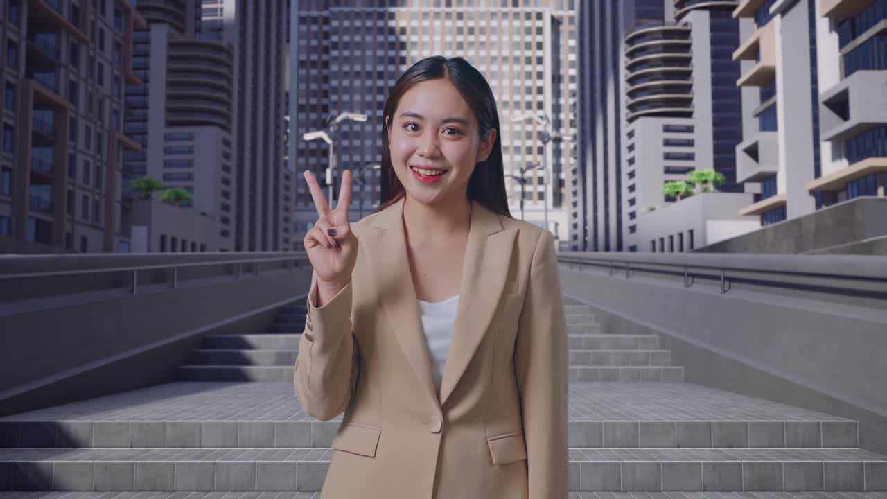 도시 에서 평화 의 표지판 을 보여 주는 사업가