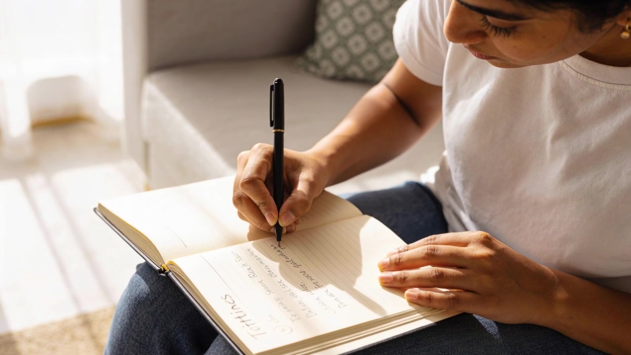 Writing adult Asian woman touching pen to page on sofa, steadying notebook with sunlight shadow