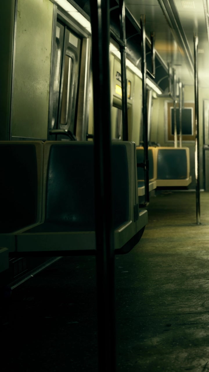 Interno di un vagone della metropolitana di notte con sedili vuoti e illuminazione fioca.