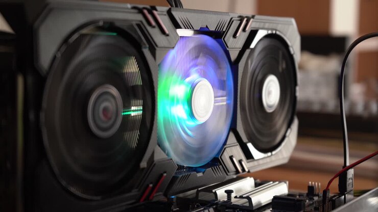 Nærbillede af en enkelt GPU, der miner kryptovalutaer.