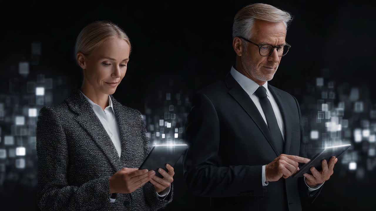 To professionelle personer bruger tablets foran en mørk baggrund, hvilket symboliserer digital kommunikation i det moderne erhvervsliv.