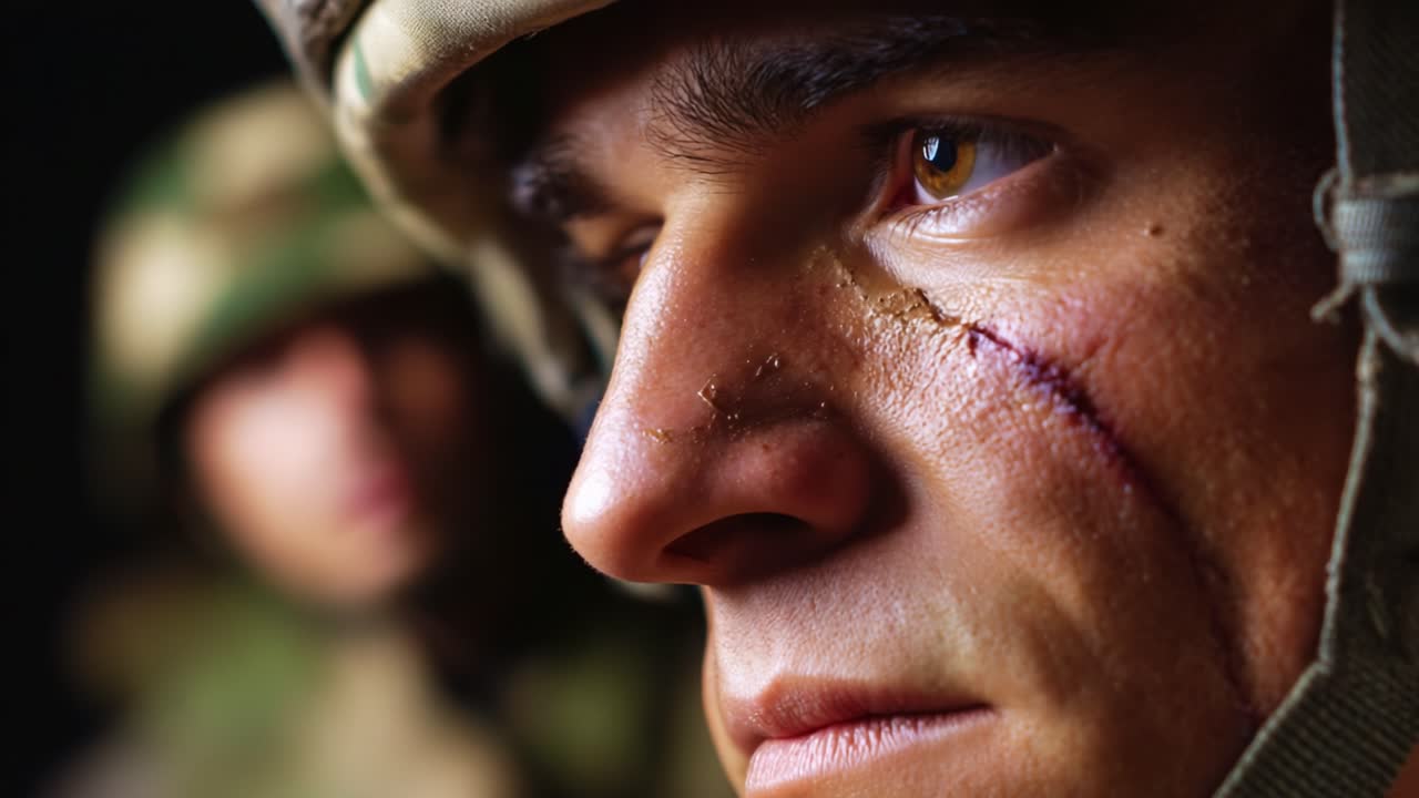 A Close-Up Portrait of a Soldier with a Scar Reflecting Resilience and Determination, Capturing the Emotional Depth and Experience of War in a Powerful Moment of Introspection