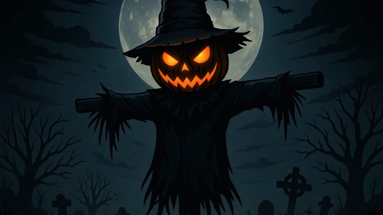 Eerie Halloween scene with a glowing jack-o'-lantern scarecrow under a full moon