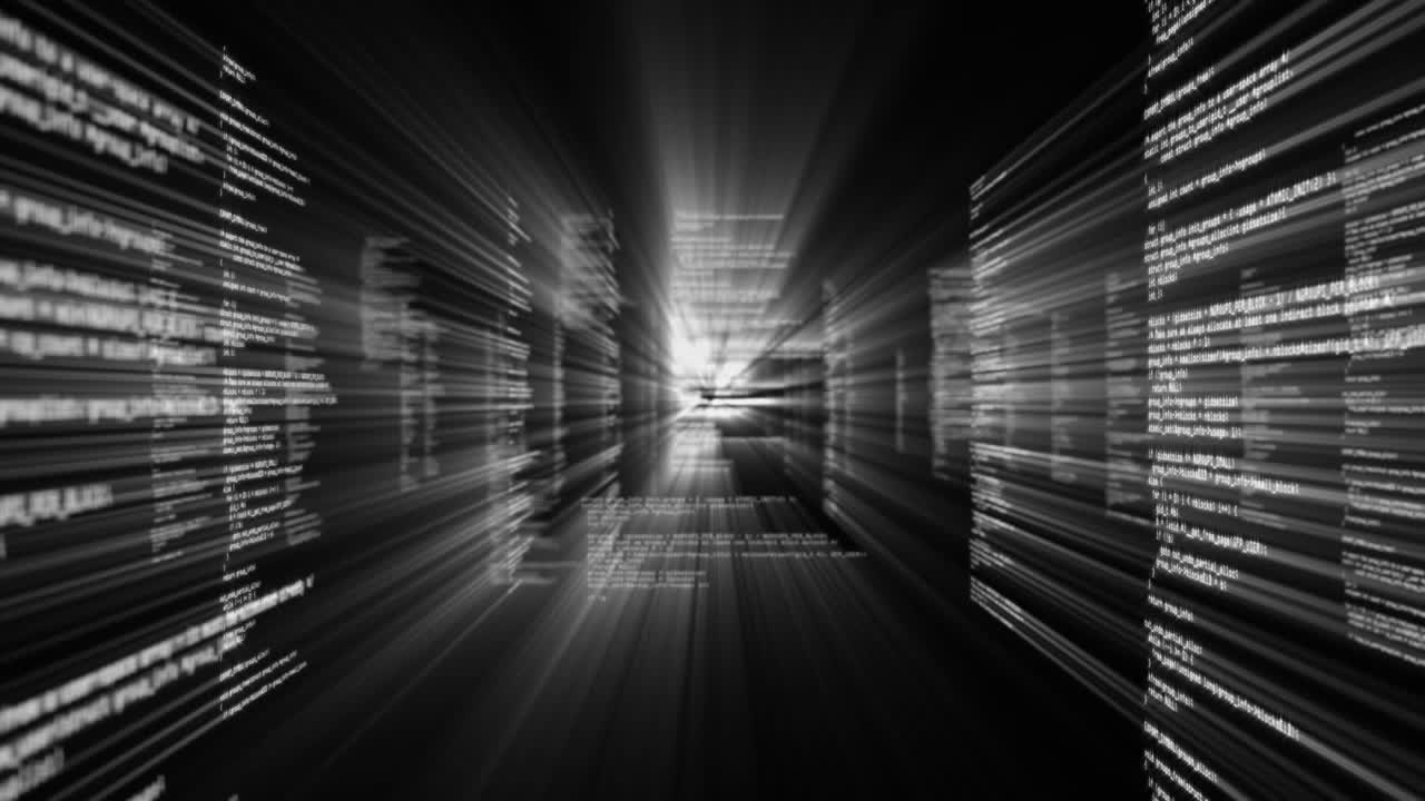 Digital animation of multiple screens with data processing against black background