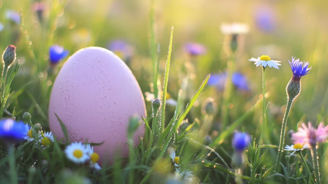 Närbildsvideo av ett rosa ägg på en daggig äng, omgiven av vildblommor vid soluppgången