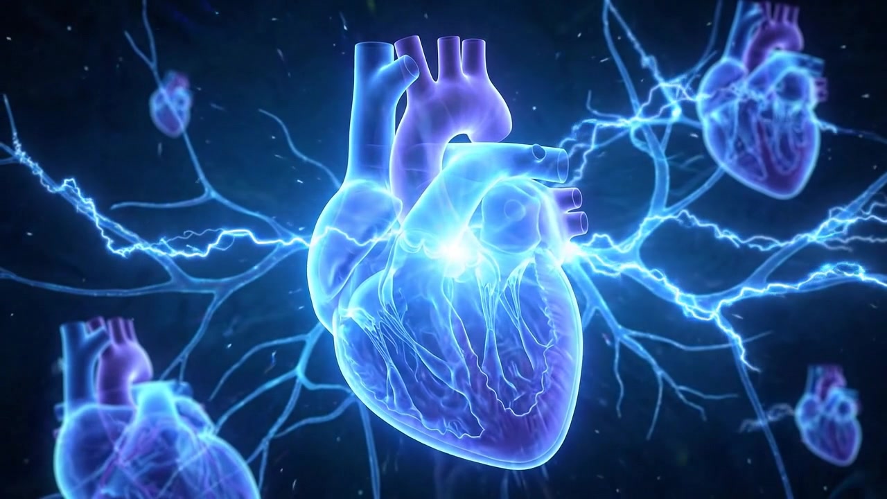 Animazione 3D di un cuore umano con impulsi elettrici