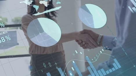 animación de estadísticas y procesamiento de datos sobre el apretón de manos de un empresario