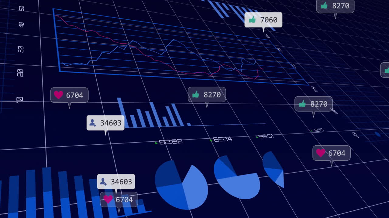 Digital data visualization scene showing 3D charts trending on grid and floating social labels