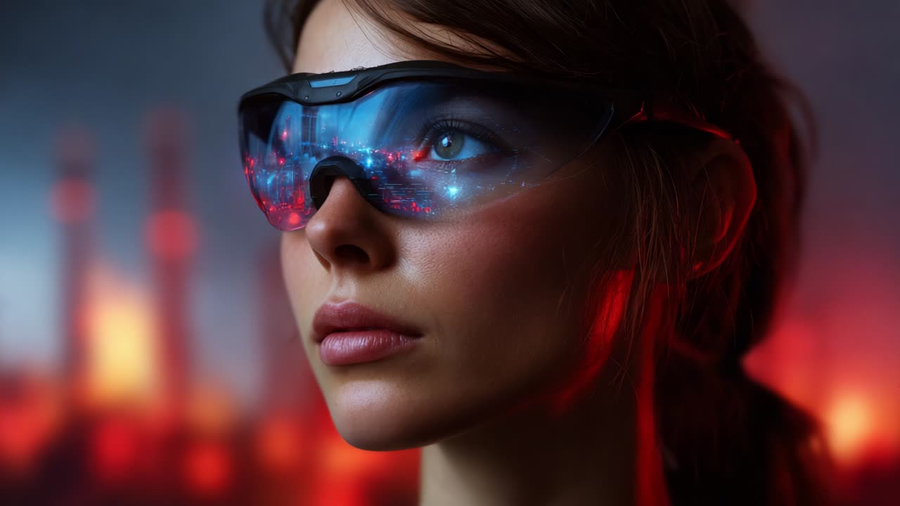 A close-up portrait of a young woman wearing advanced futuristic sunglasses, showcasing a blend of technology and style against a vibrant backdrop filled with dynamic lighting and colors, evoking a sense of curiosity and innovation