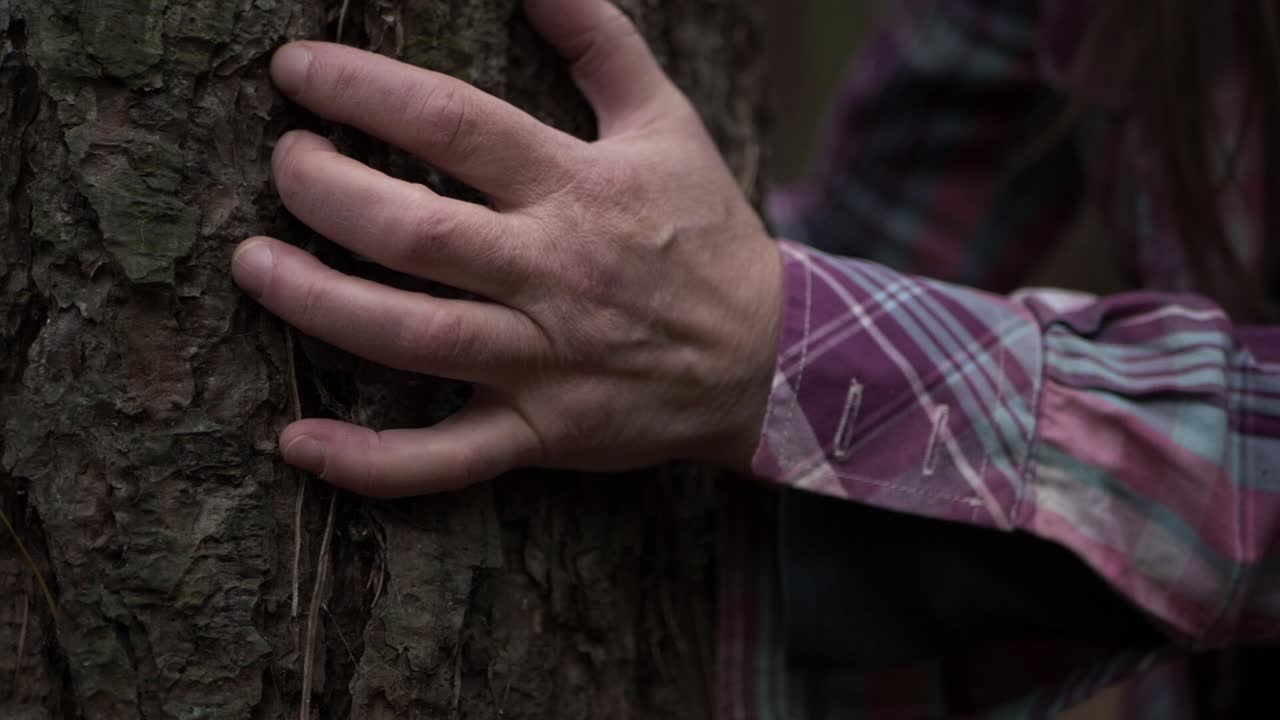 mujer con las manos alrededor de un árbol en el bosque primer plano