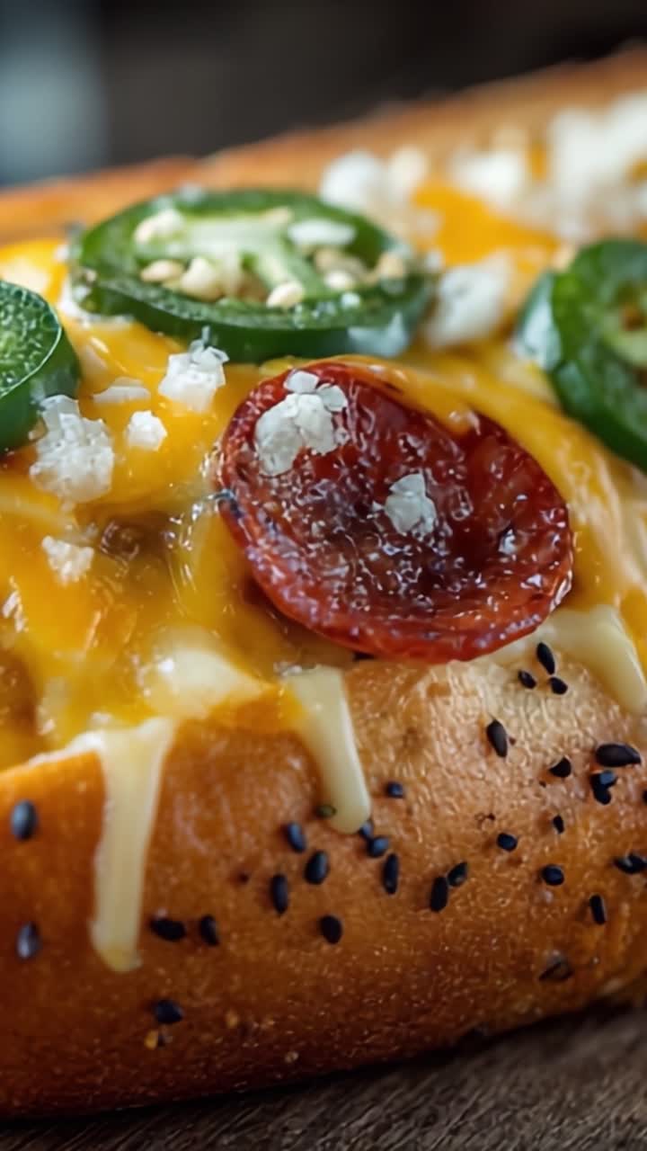 Delizioso Hot Dog al Formaggio, Pepperoni e Jalapeño Carico di Condimenti Saporiti, Con Formaggio Fuso, Peperoni Piccanti e Fette Saporite, Perfetto per gli Amanti degli Spuntini