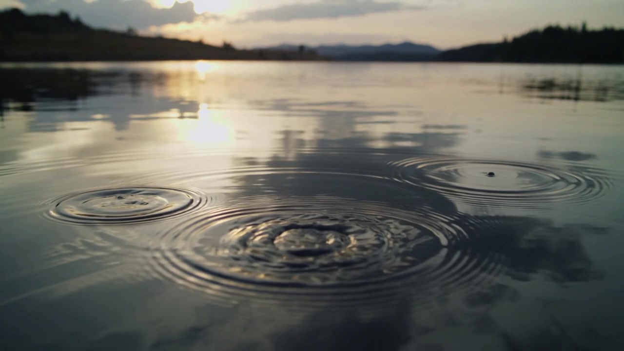 Rippling concentric rings expanding across calm lake with sun reflection, caused by surface impacts