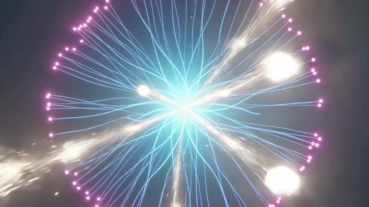 Pulsing ring in dark void taking gold comets from right, striking cyan core sparking blue filaments
