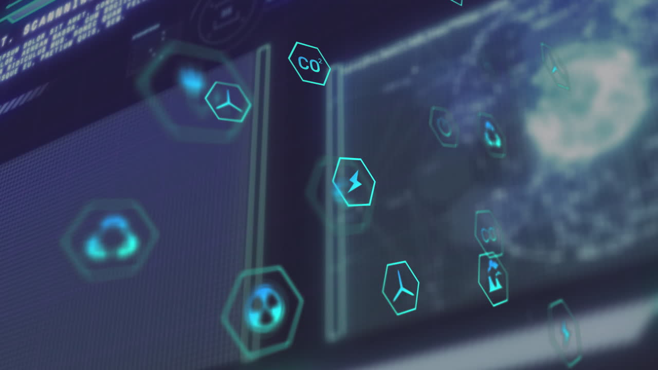 Futuristic panels displaying neon line graphs and floating hex icons in animated tech scene
