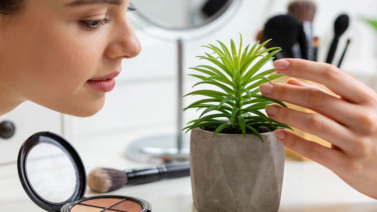Leaning adult female inspecting small potted plant beside compact powder on vanity, touching leaves