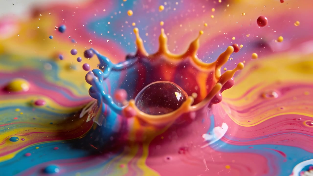 Goccia trasparente che cade e colpisce una pozza di vernice vorticosa su un vassoio da studio, formando uno schizzo a forma di corona.