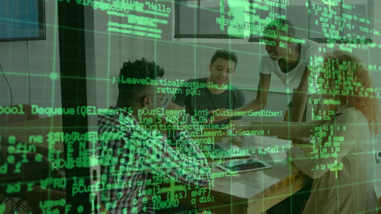 Animation of data processing over diverse business people in office