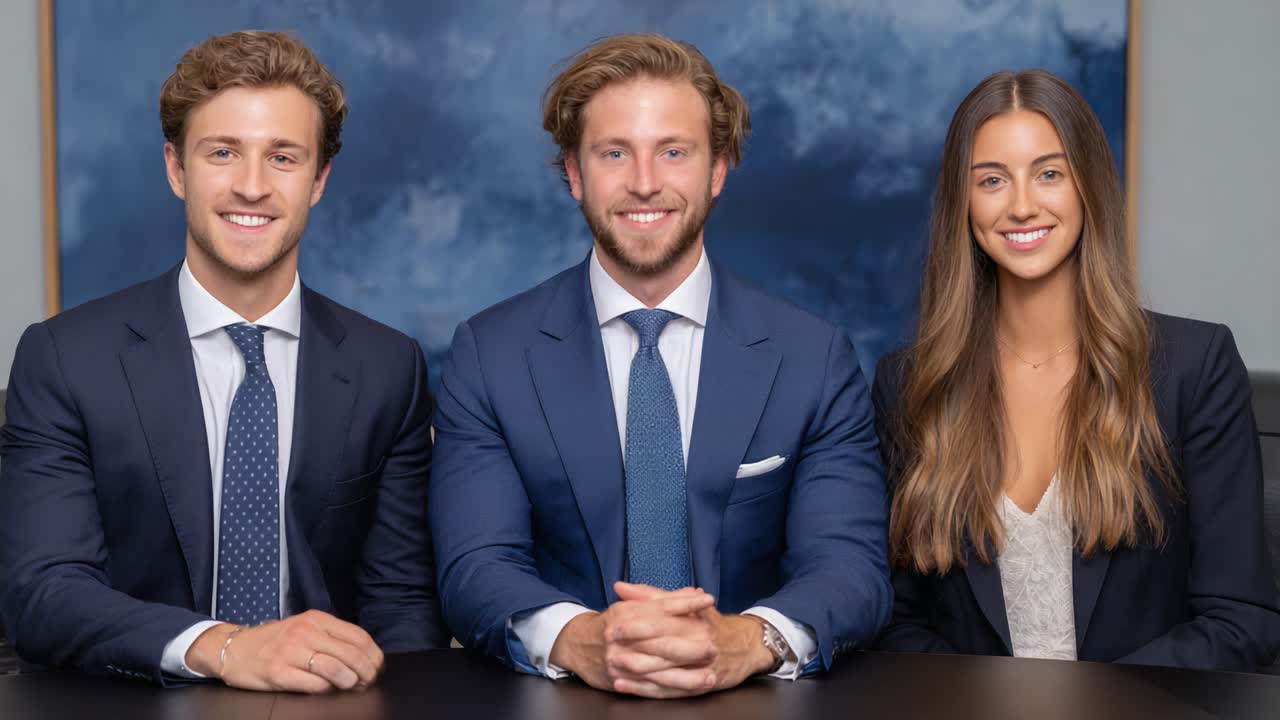 Professional Group Portrait of Three Individuals in Formal Attire Captured in a Studio Setting with a Serene Background and Engaging Expressions