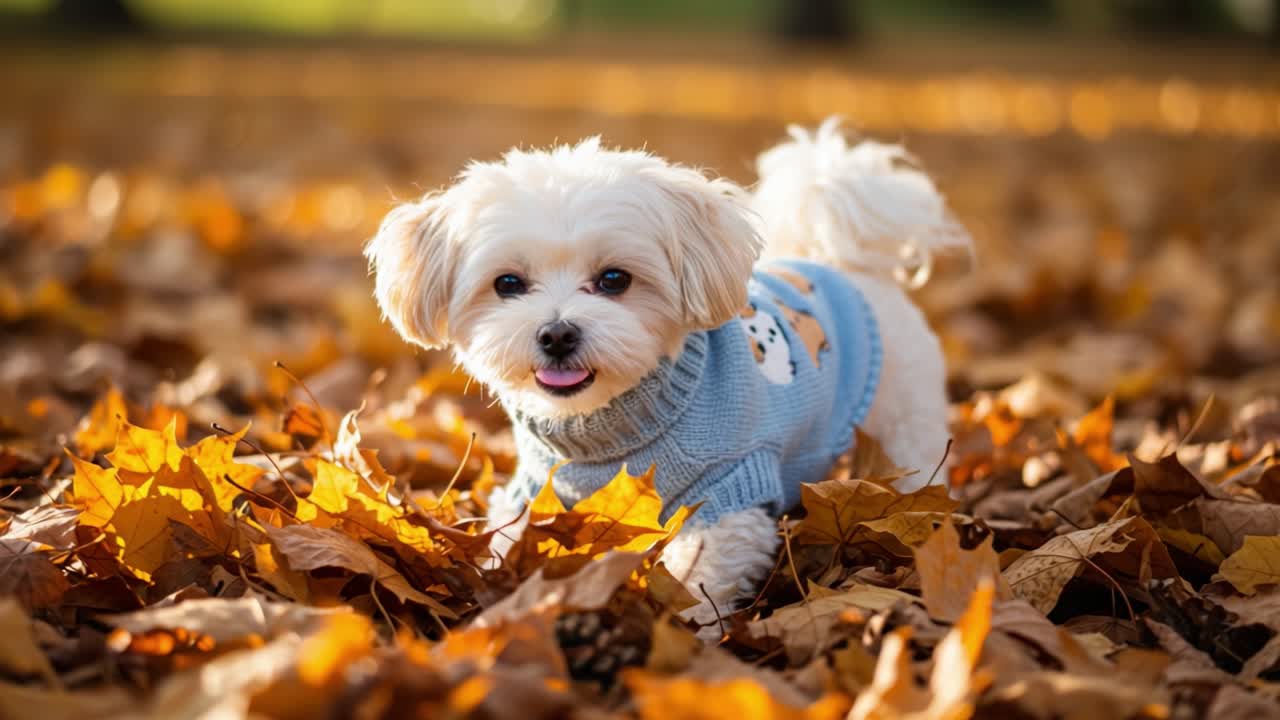 A Playful Dog in Sweater Joyfully Explores an Autumn Landscape Covered in Golden Leaves, Embracing the Beauty of Fall and Nature's Colors