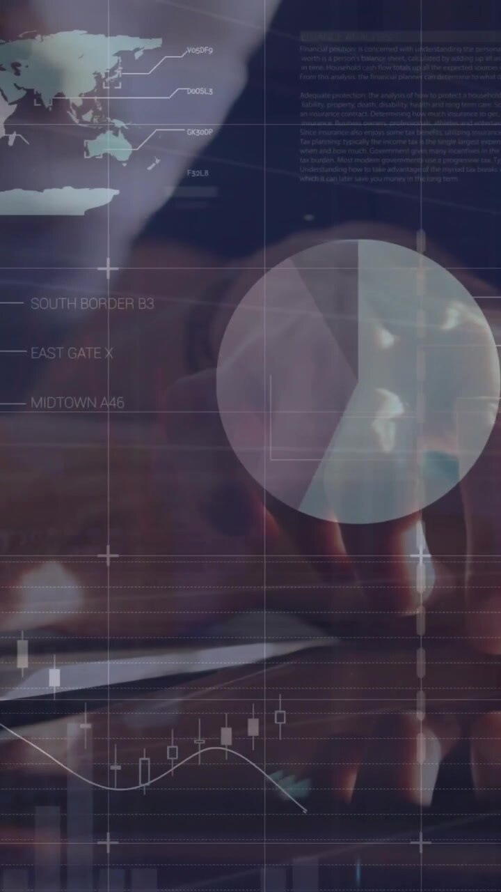 Animation of financial data processing over caucasian businesswoman using laptop in office