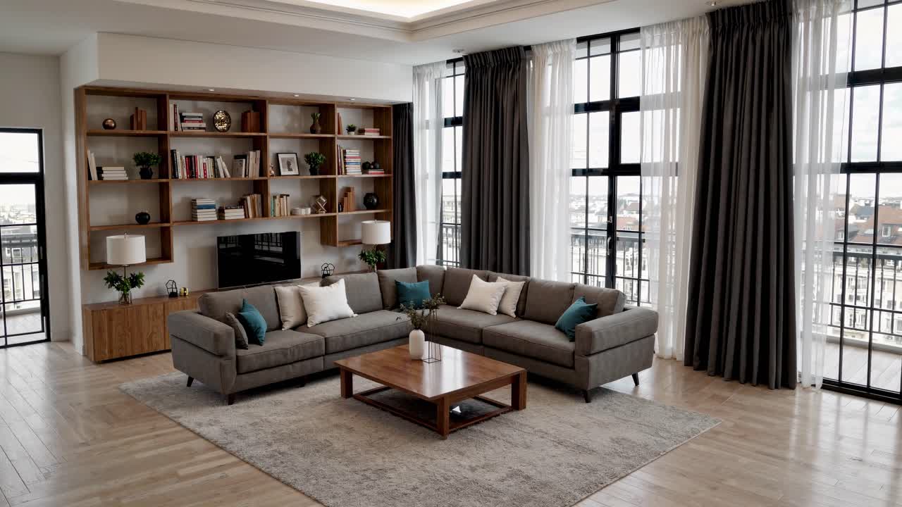 Modern living room with large windows, neutral tones, and a cozy sectional sofa