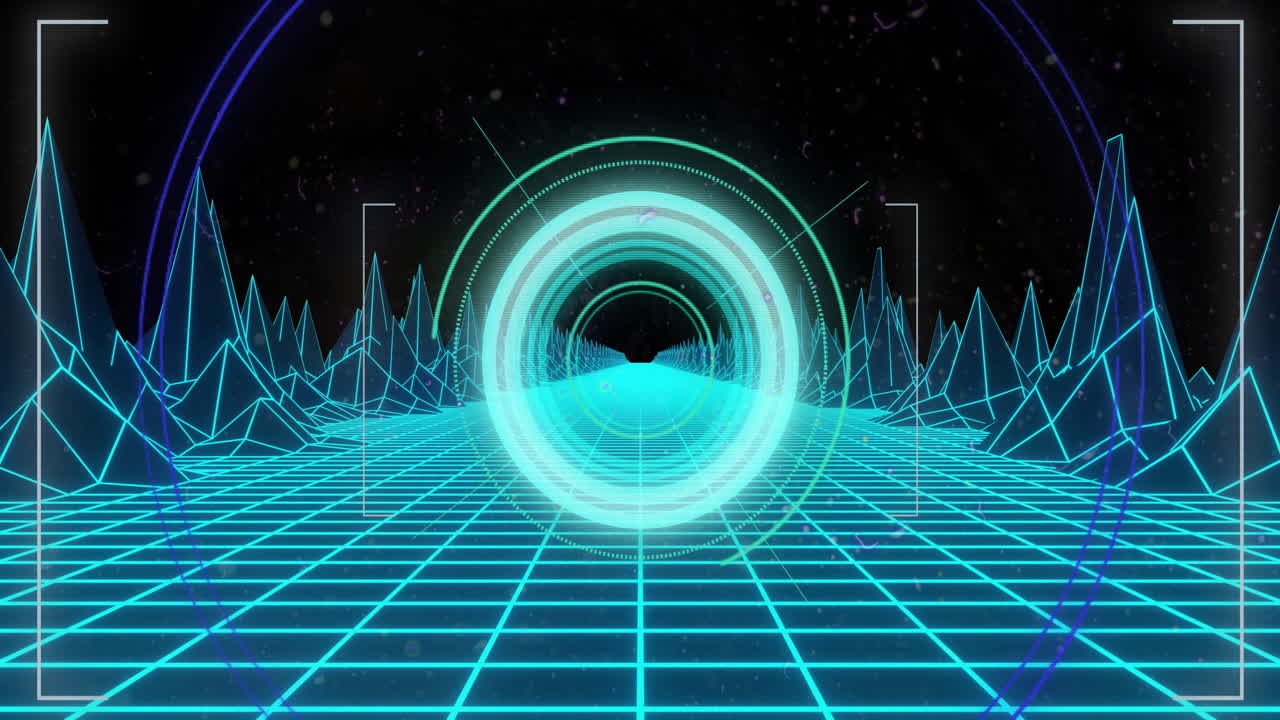 Animation of scope scanning over digital mountains on black background