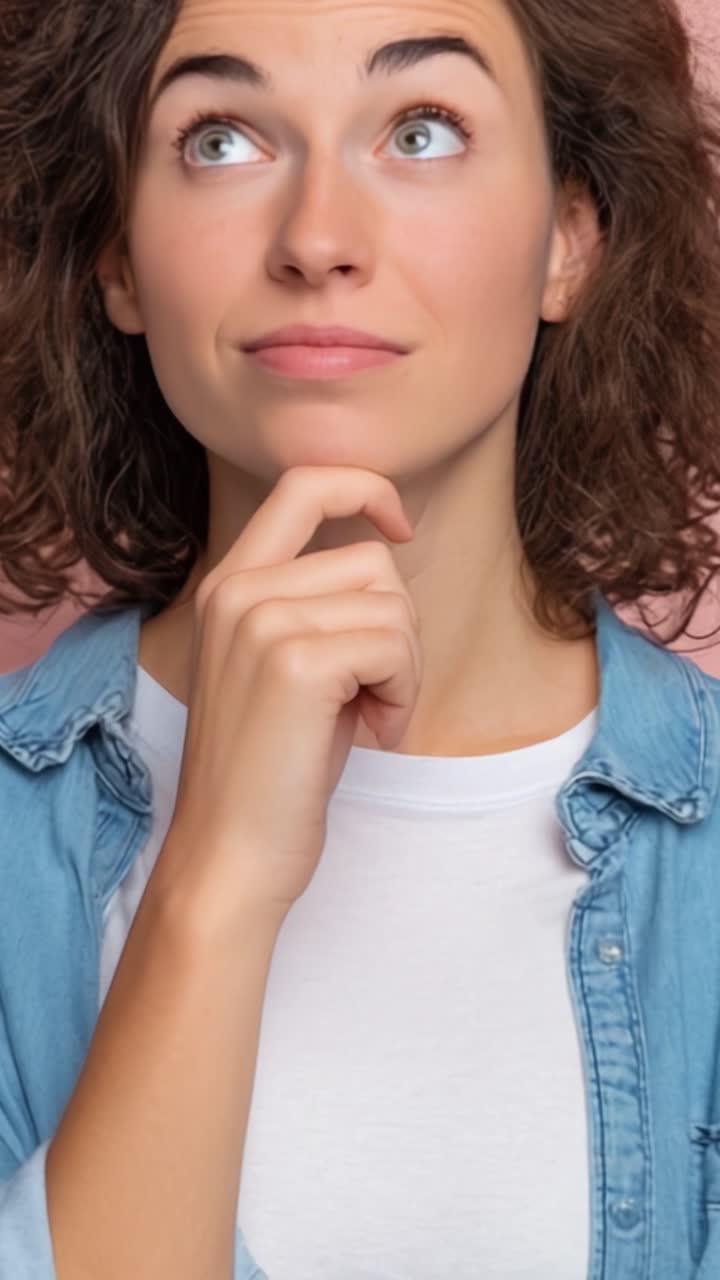 Donna contemplativa e assorta nei pensieri, con un'espressione curiosa, che medita sulla sua prossima mossa su uno sfondo rosa tenue.