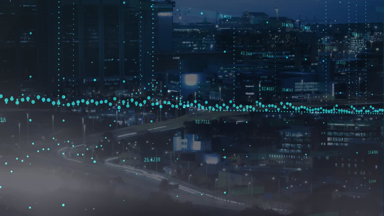 Animation of data processing and blue lights over cyber attack warning