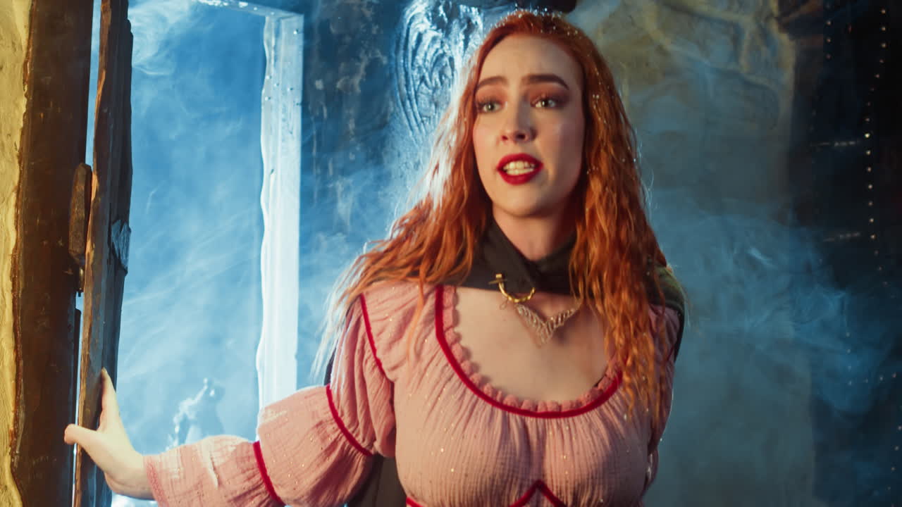 겨울 저녁에 머리카락이 풀려있는 겁에 질린 여자가 술집에서 깨진다. 흥분 된 젊은 소녀는 술집의 끔찍한 소식을 보고하기 위해 시골 문으로 달려갑니다. 중세 동화 장면.