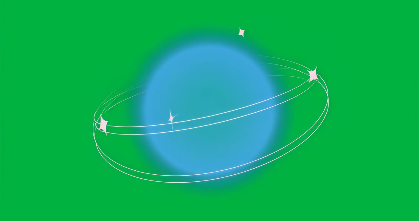 Materializing orb on transparent bg orbiting rings shifting speed drifting sparkles showing flow